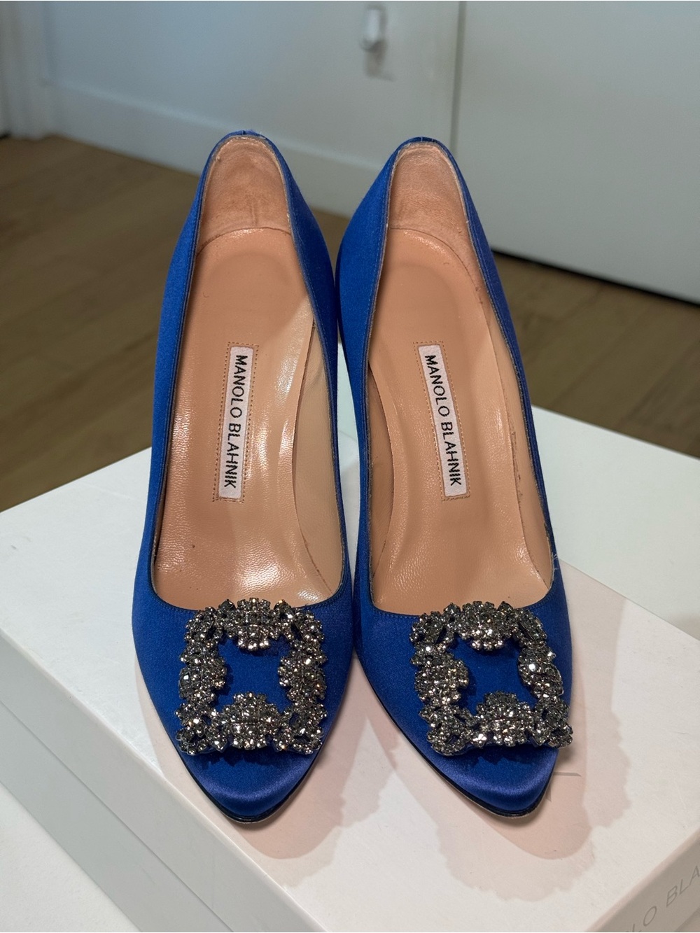 Manolo Blahnik Royal Blue Satin Crystal-Embellished Pointed Pumps - Picture 2 of 7